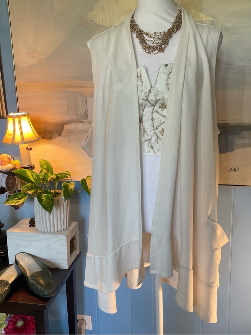 Sleeveless Cream Draped Open-Front Tunic Vest